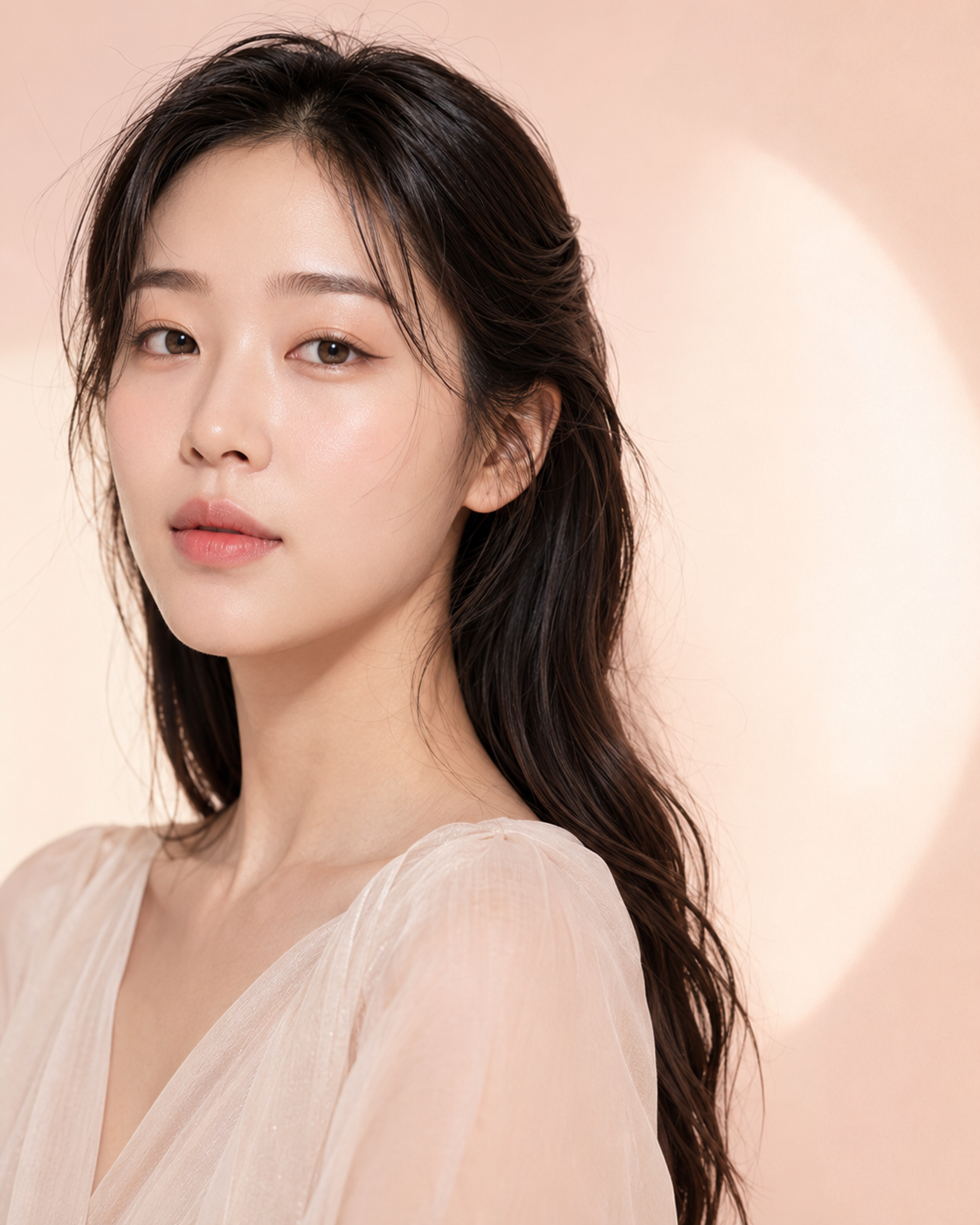 Woman wearing soft luminous K-beauty makeup and a gradient lip