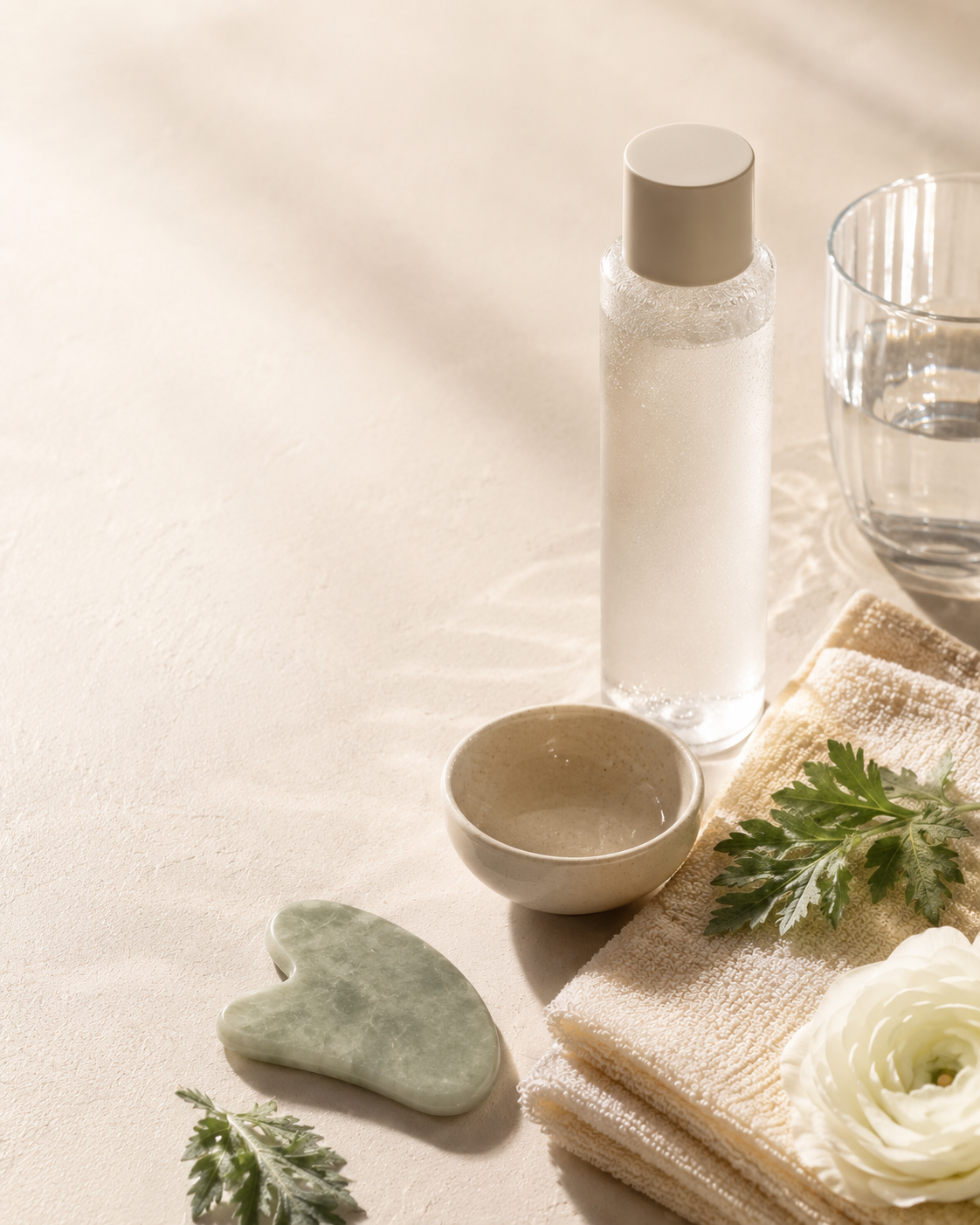 Toner, gua sha, towel, and botanical skincare ritual still life